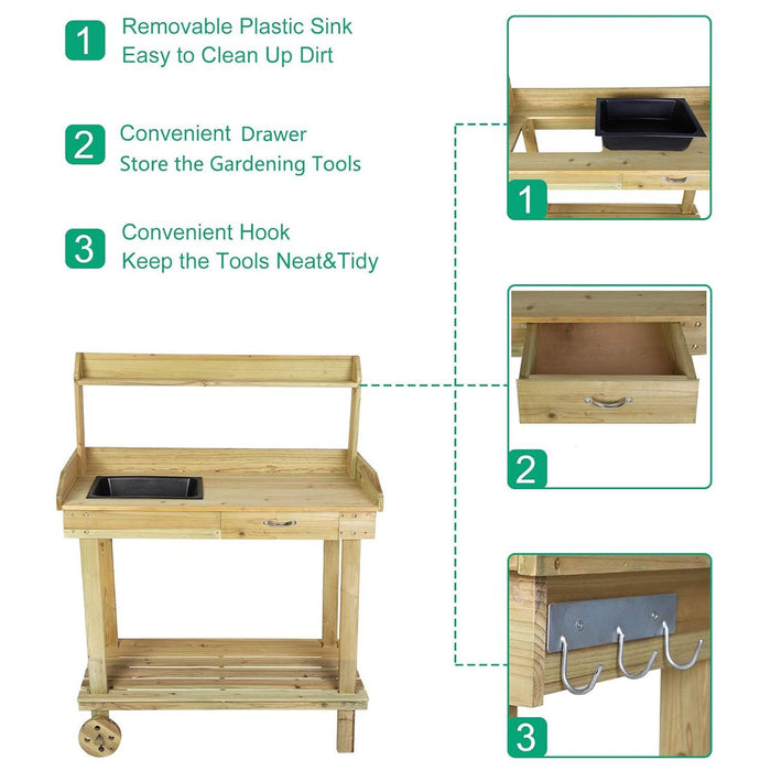 Potting Bench Table Wooden Gardening Plant Workstation Natural Solid Wood with Drawer Sink Hook Open Shelf