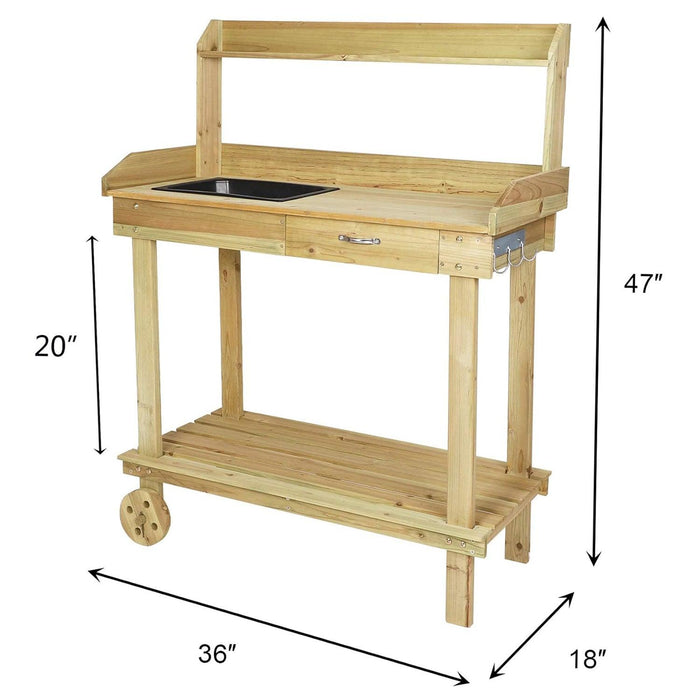 Potting Bench Table Wooden Gardening Plant Workstation Natural Solid Wood with Drawer Sink Hook Open Shelf