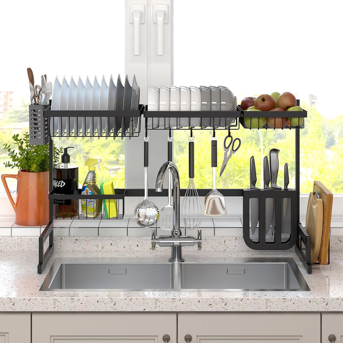 2 Tier Over Sink Dish Drying Rack 33.4"L with Multiple Baskets Utensil Holder Cup Holder