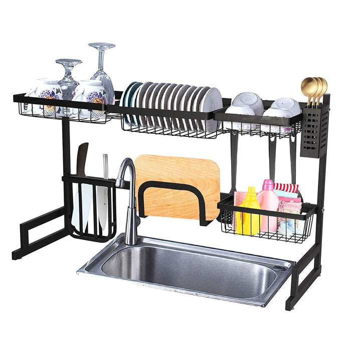 2 Tier Over Sink Dish Drying Rack 35"L with Multiple Baskets Utensil Holder Cup Holder