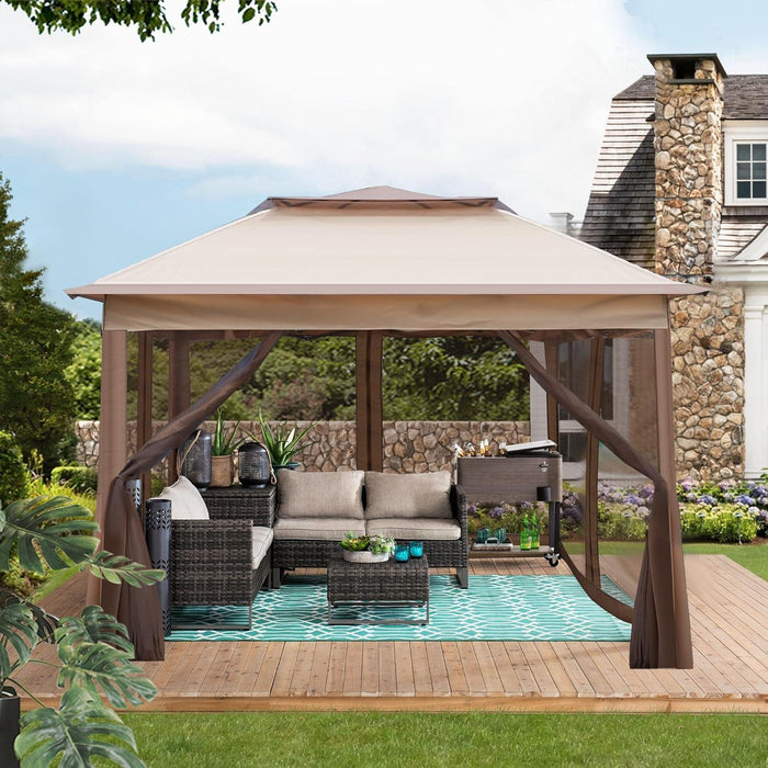 Pop up Gazebo Canopy Tent with Mosquito Netting, 10.5'x10.5' Patio Outdoor Sun Shade, Brown