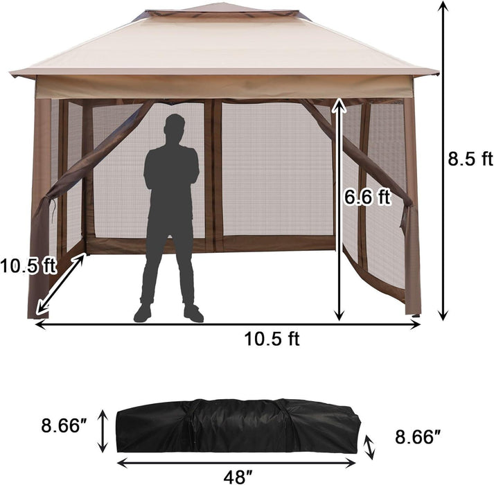 Pop up Gazebo Canopy Tent with Mosquito Netting, 10.5'x10.5' Patio Outdoor Sun Shade, Brown