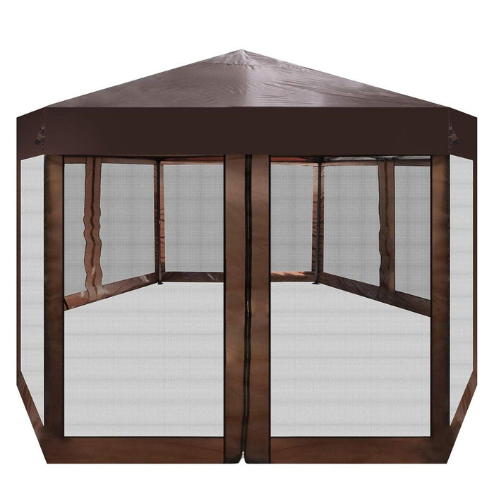 Pop up Gazebo Canopy Tent with Mosquito Netting, Patio Hexagon Outdoor Sun Shade, Brown