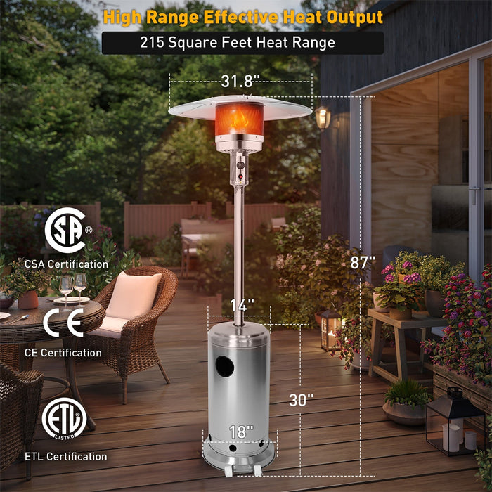 36,000 BTU Outdoor Propane Patio Heater with Stainless Steel Burner and Wheels, Silver