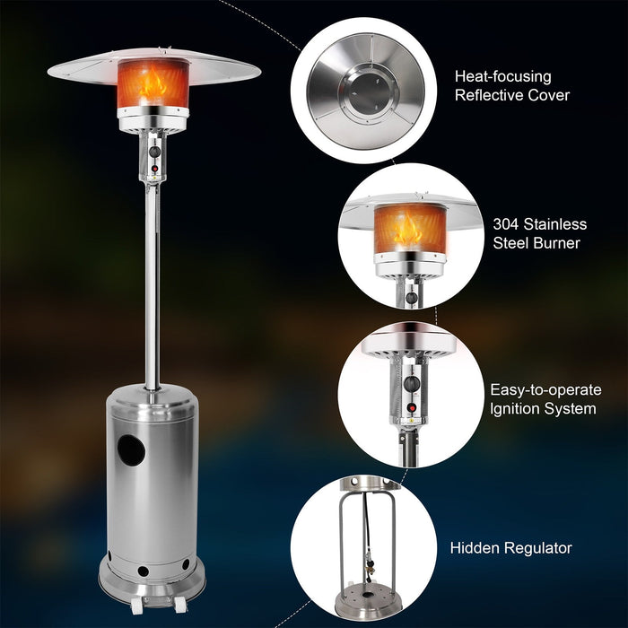 36,000 BTU Outdoor Propane Patio Heater with Stainless Steel Burner and Wheels, Silver