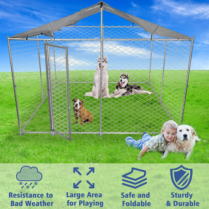 9.8'x9.8'x7.5' Large Outdoor Dog Kennel Galvanized Steel Pet Playpen with Waterproof Cover Secure Lock