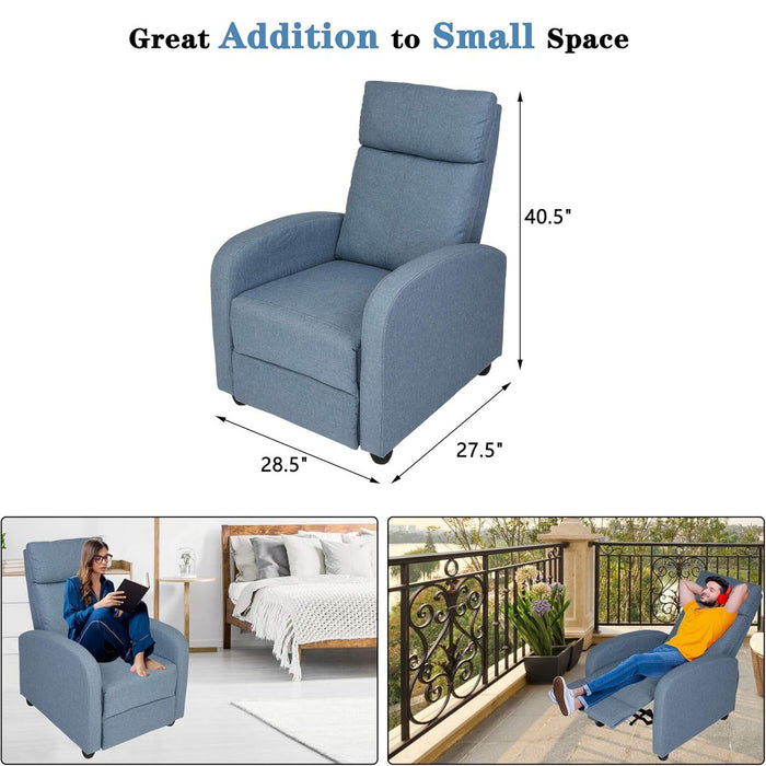 Adjustable Fabric Recliner Chair Ergonomic Recliner Sofa Padded Seat w/Thick Cushion & Backrest, Blue