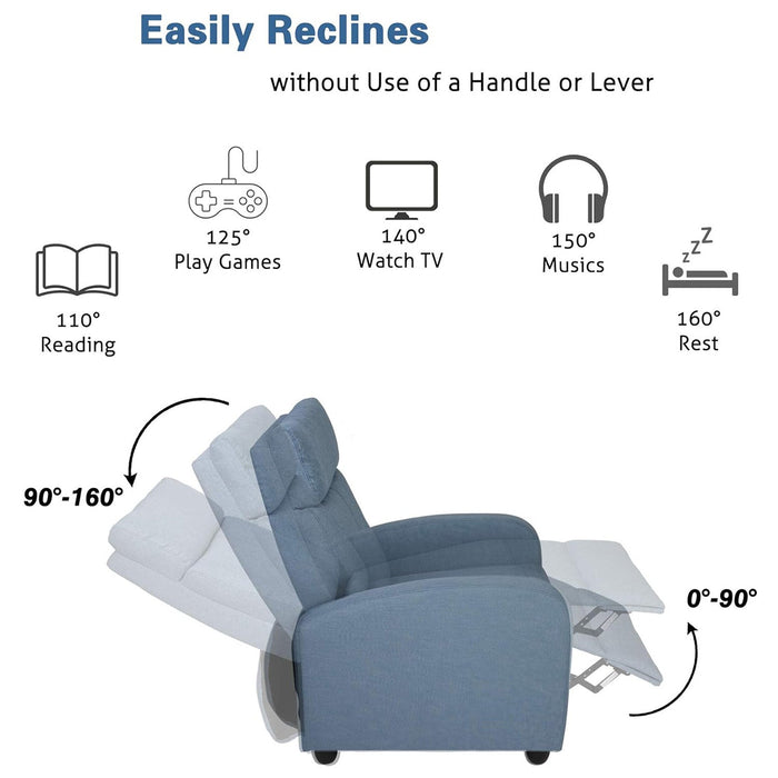 Adjustable Fabric Recliner Chair Ergonomic Recliner Sofa Padded Seat w/Thick Cushion & Backrest, Blue