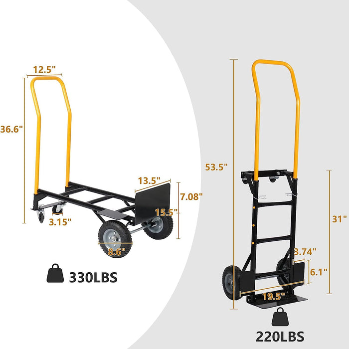 2 in 1 Folding Hand Truck Utility Cart Portable Dolly with Rubber Wheels, 330lbs Capacity