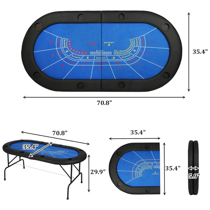 70.8" Folding Poker Table 6-8 Player with 8 Cup Holder for Texas Casino Leisure Game, Blue