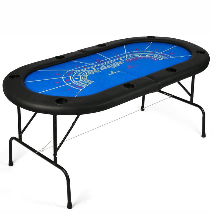 70.8" Folding Poker Table 6-8 Player with 8 Cup Holder for Texas Casino Leisure Game, Blue