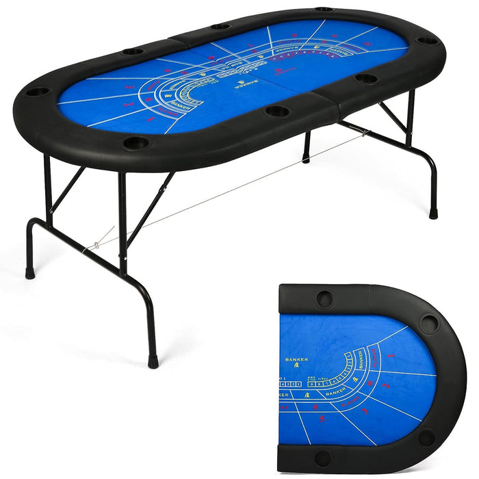 70.8" Folding Poker Table 6-8 Player with 8 Cup Holder for Texas Casino Leisure Game, Blue