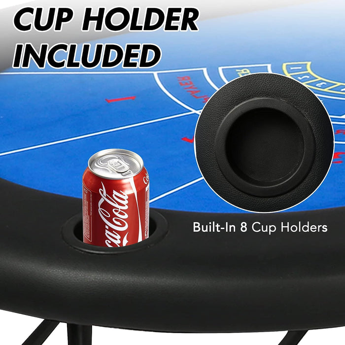 70.8" Folding Poker Table 6-8 Player with 8 Cup Holder for Texas Casino Leisure Game, Blue