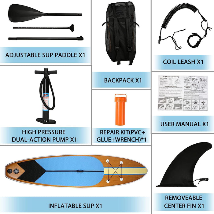 11'x30"x6" Inflatable Stand Up Paddle Board with SUP Accessories & Carry Bag, Brown