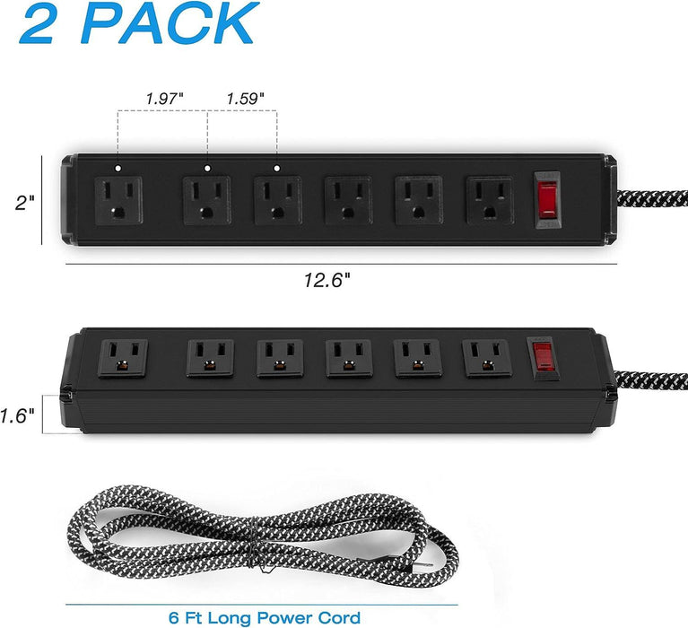 Set of 2 Surge Protector Power Strip with 6 Outlets 6 ft Extension Cord Wall Mount, Black