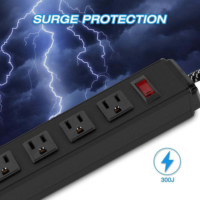 Set of 2 Surge Protector Power Strip with 6 Outlets 6 ft Extension Cord Wall Mount, Black