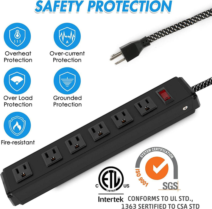 Set of 2 Surge Protector Power Strip with 6 Outlets 6 ft Extension Cord Wall Mount, Black