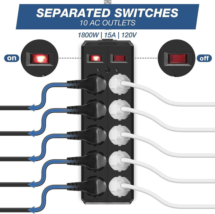 Power Strip 10 Outlets 2 Switches with Surge Protector 6-Foot Cord Wall Mount, Black