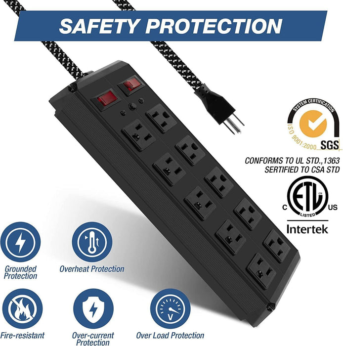 Power Strip 10 Outlets 2 Switches with Surge Protector 6-Foot Cord Wall Mount, Black