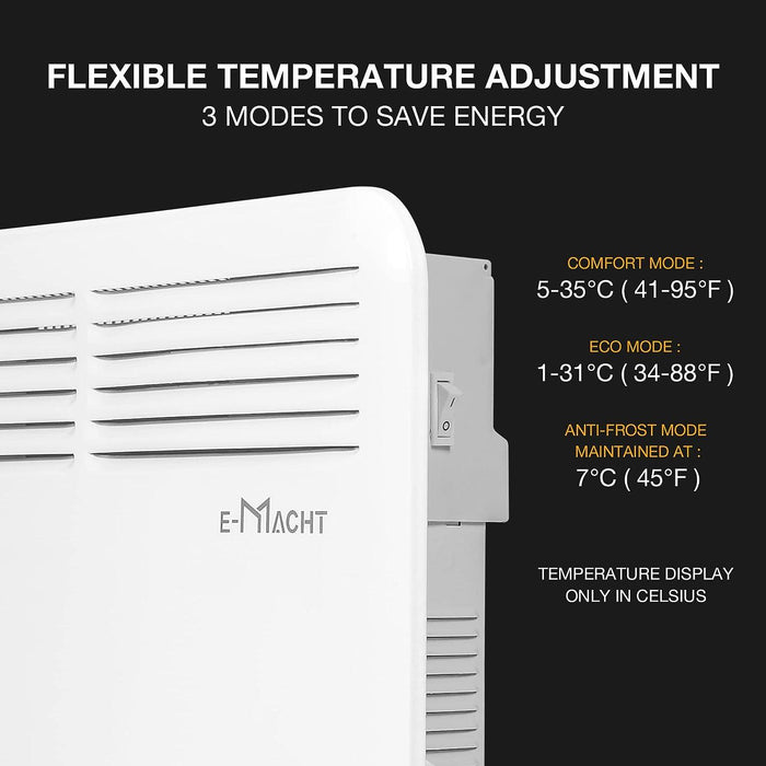 1000W Wall-Mounted Space Heater with Adjustable Thermostat, Portable Convection Freestanding Heater