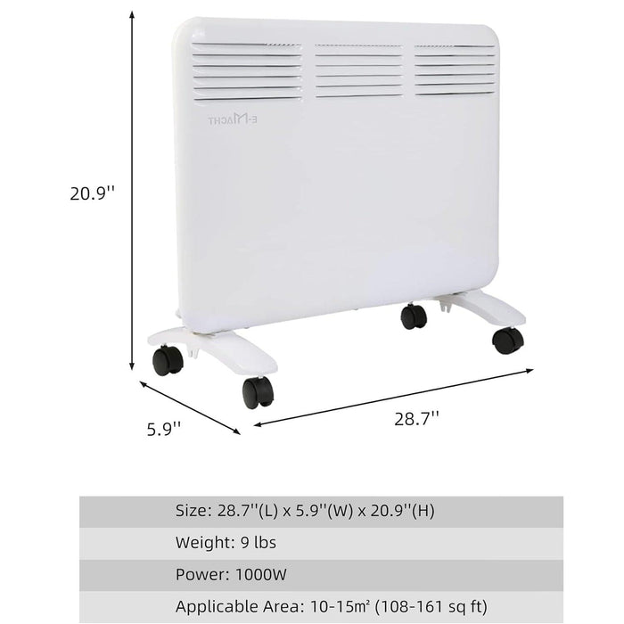 1000W Wall-Mounted Space Heater with Adjustable Thermostat, Portable Convection Freestanding Heater