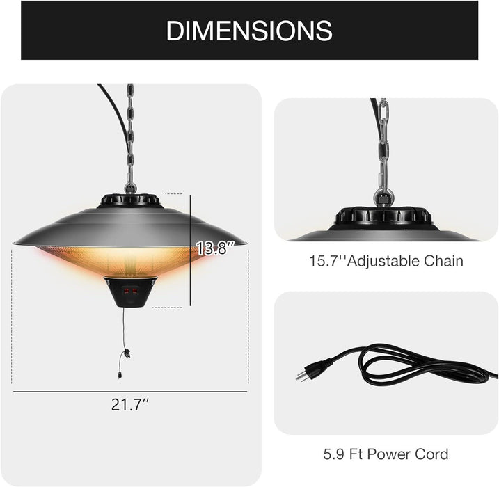 1500W Outdoor/Indoor Electric Patio Heater Hanging Infrared Patio Heater, 2 Adjustable Settings Waterproof