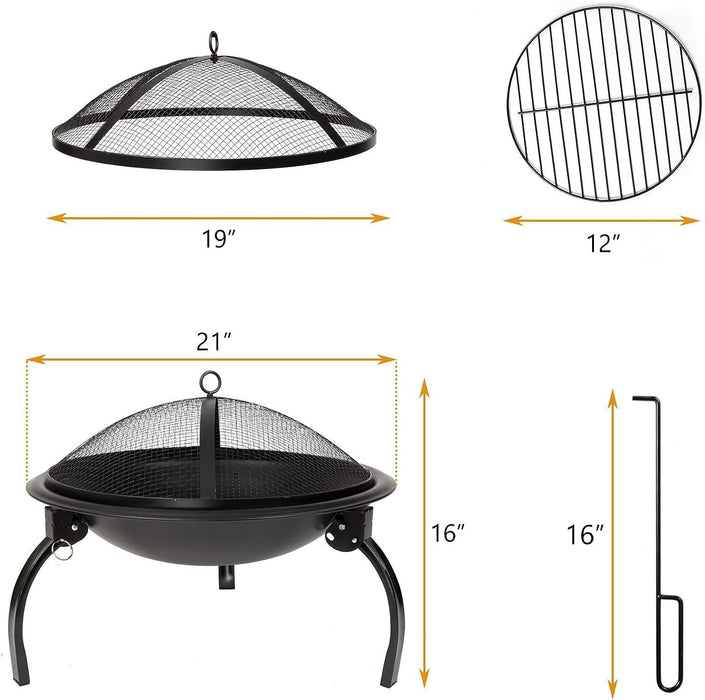 22" Round Foldable Outdoor Fire Pits Patio Garden Fireplace BBQ Grill with Spark Mesh Cover