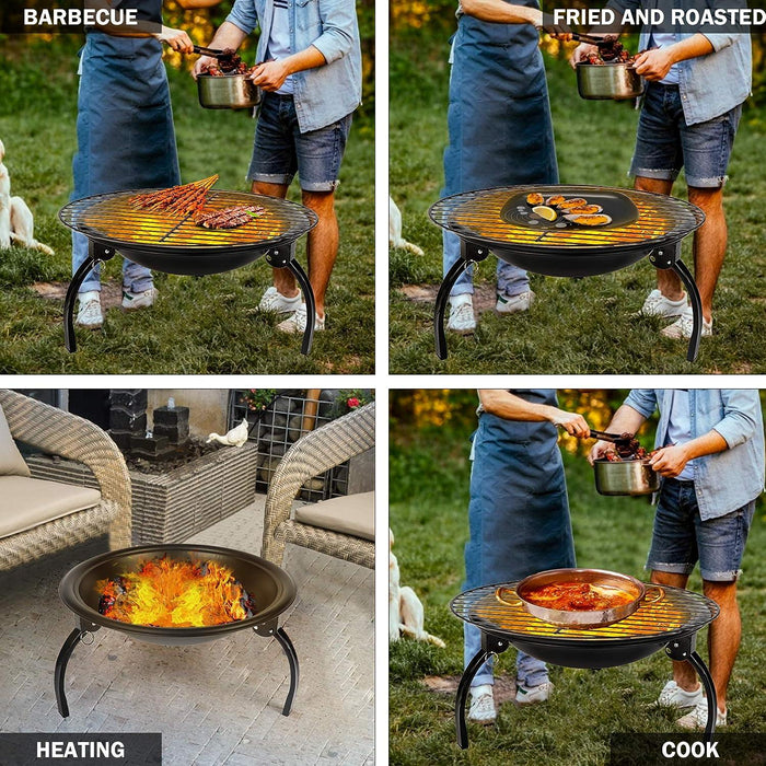 22" Round Foldable Outdoor Fire Pits Patio Garden Fireplace BBQ Grill with Spark Mesh Cover