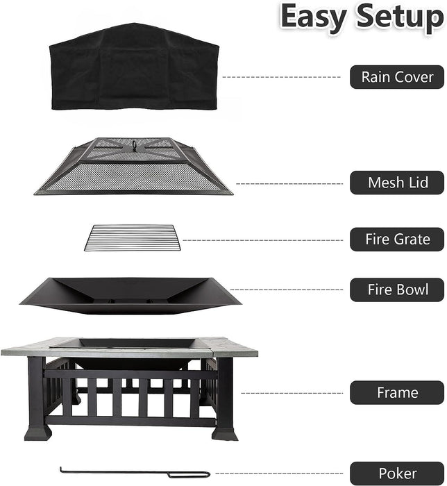 32" Outdoor Square Fire Pits Patio 4 in 1 Fire Pits for Heating Grilling Cooling Drinks & Food