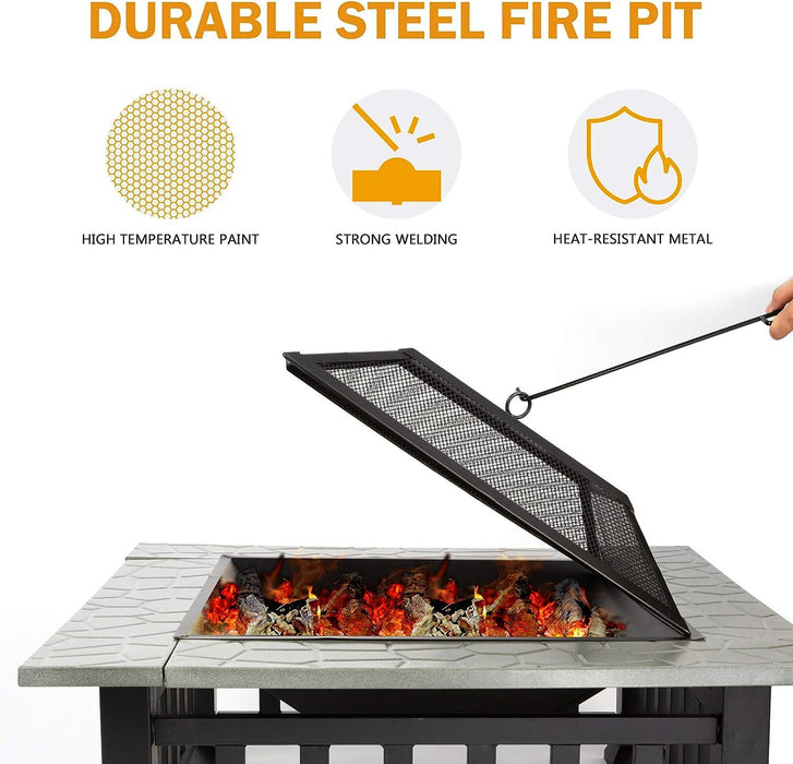 32" Outdoor Square Fire Pits Patio 4 in 1 Fire Pits for Heating Grilling Cooling Drinks & Food