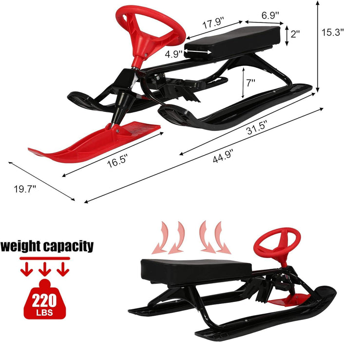 Snow Racer Sled with Steering Wheel and Brakes Kids Teens Ski Sled Slider Board, Red