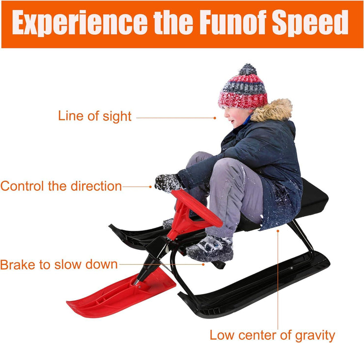 Snow Racer Sled with Steering Wheel and Brakes Kids Teens Ski Sled Slider Board, Red