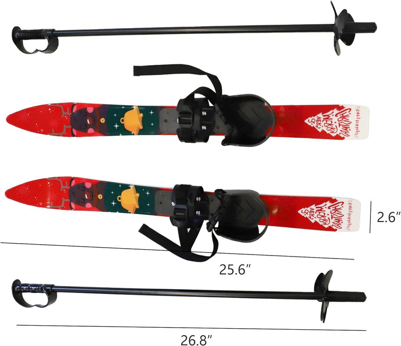 Snow Ski and Pole Set with Bindings 25.6" Ski Boards for Kids Age 2-4 Beginners, Red