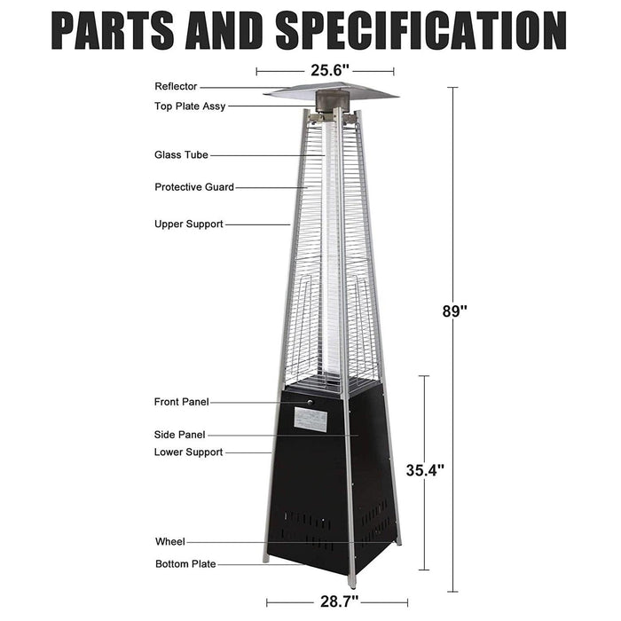 Pyramid Patio Heater Propane Outdoor 42,000 BTU Quartz Glass Tube Flame Heater with Wheels, Black