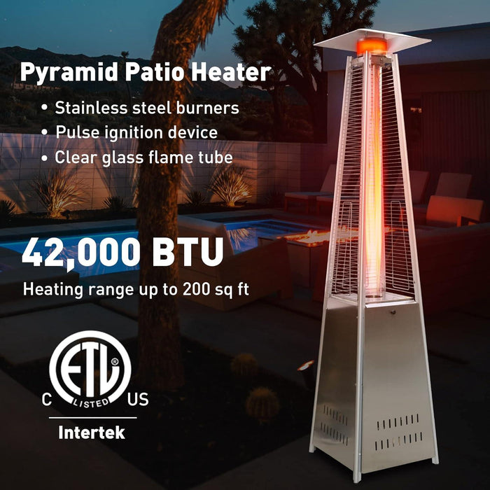 Pyramid Patio Heater Propane Outdoor 42,000 BTU Quartz Glass Tube Flame Heater with Wheels, Silver