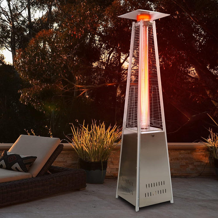 Pyramid Patio Heater Propane Outdoor 42,000 BTU Quartz Glass Tube Flame Heater with Wheels, Silver