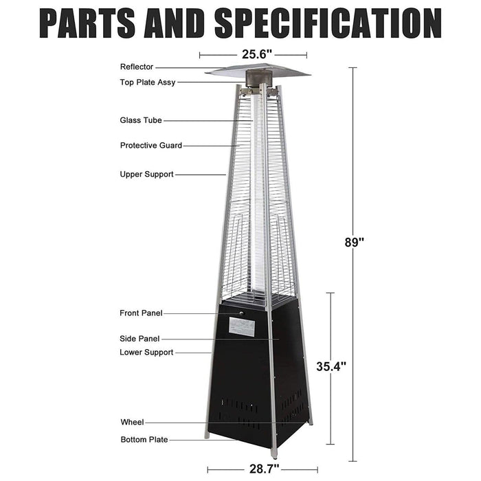 Pyramid Patio Heater Propane Outdoor 42,000 BTU Quartz Glass Tube Flame Heater with Wheels, Silver