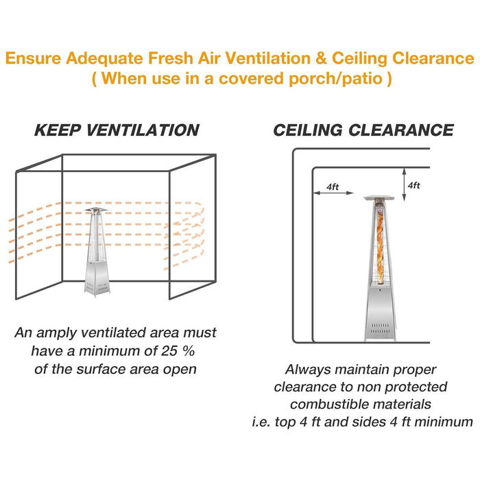 Pyramid Patio Heater Propane Outdoor 42,000 BTU Quartz Glass Tube Flame Heater with Wheels, Silver