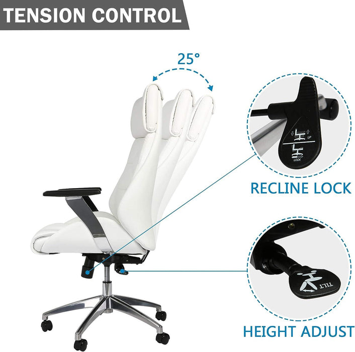 High Back Office Desk Chair Ergonomic Adjustable Lumbar Support 360 Swivel Chair, White