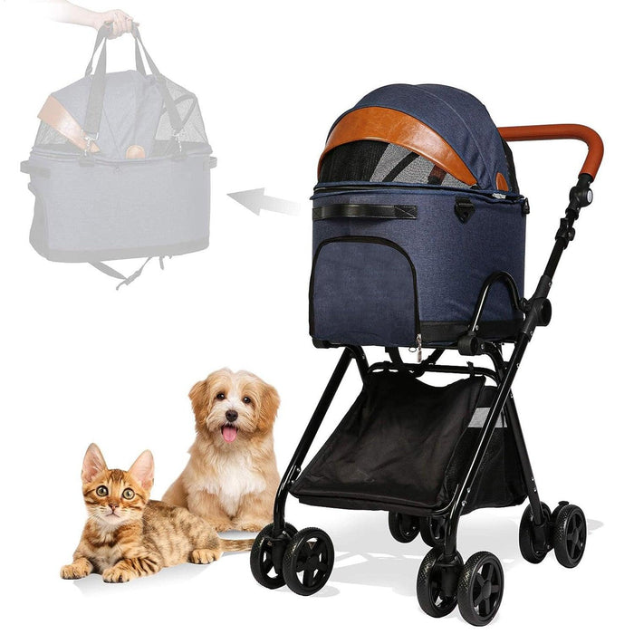 2 in 1 Dog Stroller Pet Carrier with Detachable Carrier and Adjustable Handle, Dark Blue