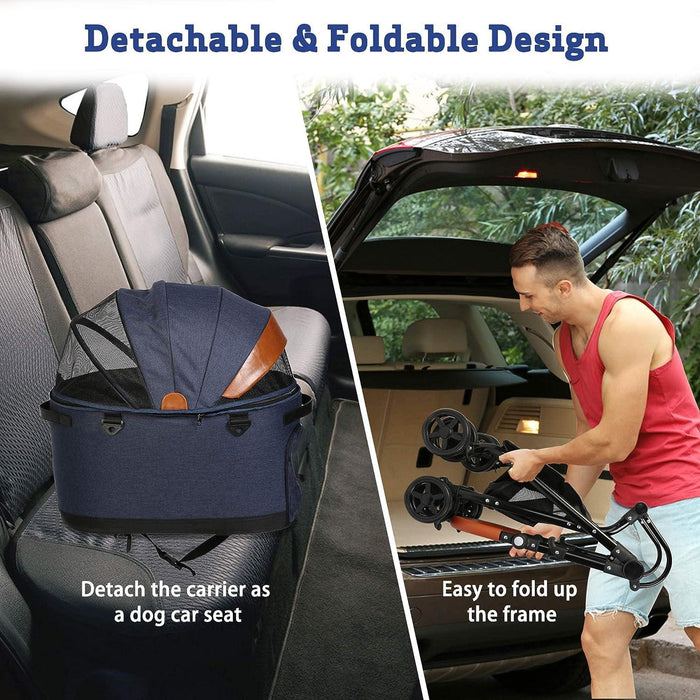 2 in 1 Dog Stroller Pet Carrier with Detachable Carrier and Adjustable Handle, Dark Blue