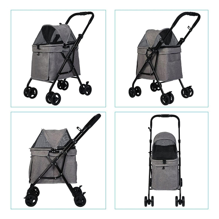 Folding Dog Stroller Carrier Pet Stroller with Front Entry and Multiple Mesh Windows, Gray