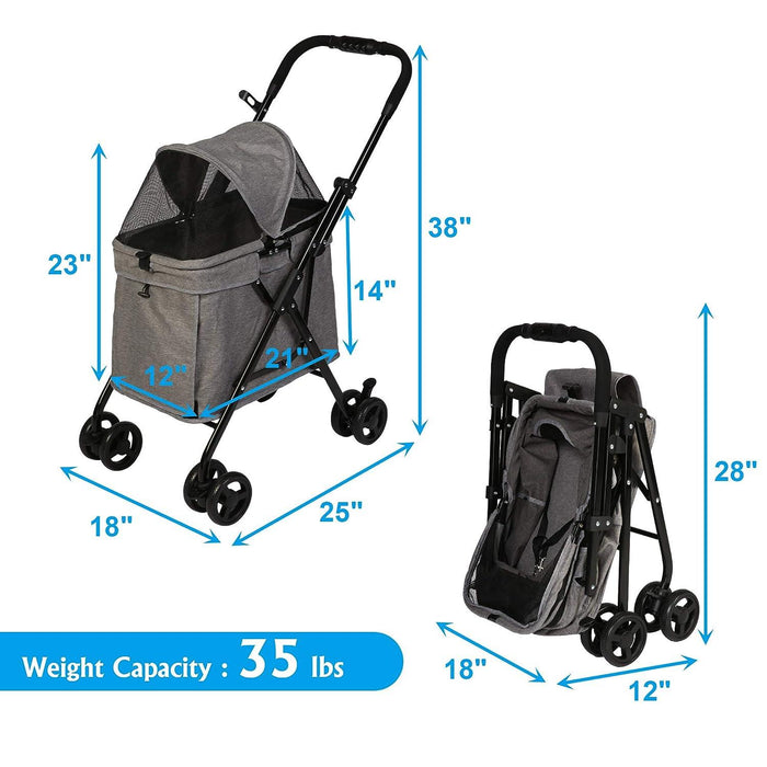 Folding Dog Stroller Carrier Pet Stroller with Front Entry and Multiple Mesh Windows, Gray