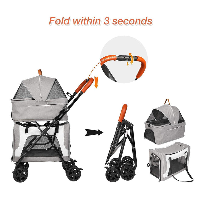 3 in 1 Double Seater Dog Stroller Pet Carrier with Detachable Carrier Dual Entry, Gray