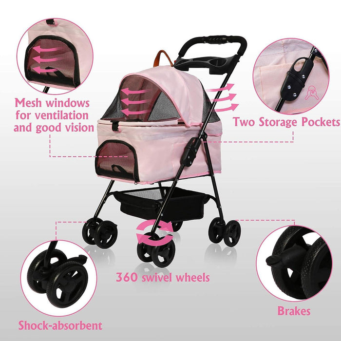 Folding Dog Stroller Carrier Pet Stroller with Storage Basket and Multiple Mesh Windows, Pink