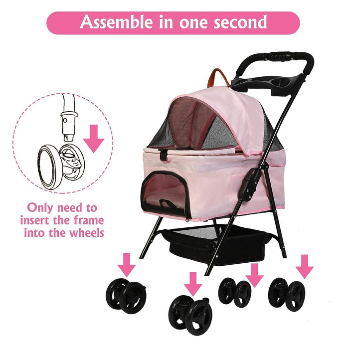 Folding Dog Stroller Carrier Pet Stroller with Storage Basket and Multiple Mesh Windows, Pink