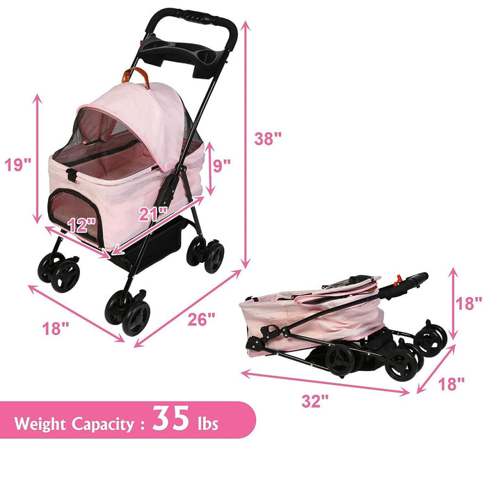 Folding Dog Stroller Carrier Pet Stroller with Storage Basket and Multiple Mesh Windows, Pink