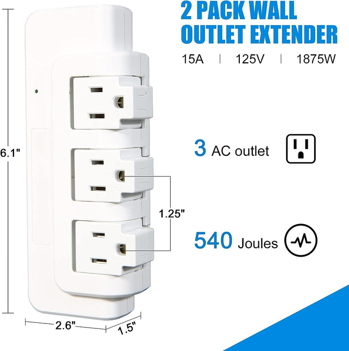 Set of 2 Portable Rotating Power Strip 3 Outlets with Surge Protector for Home Office Travel