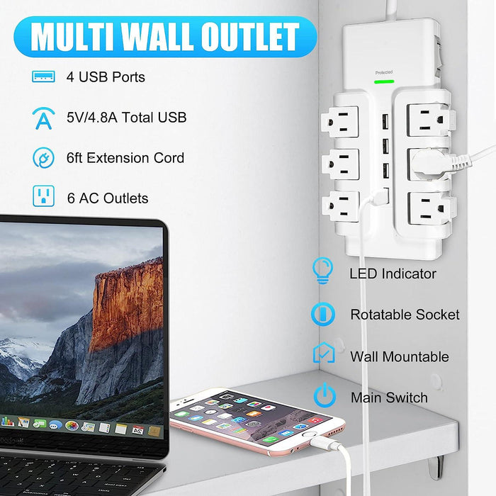 6 Outlet 4 USB Ports Rotating Power Strip 6ft with Surge Protector Wall Mount for Home Office