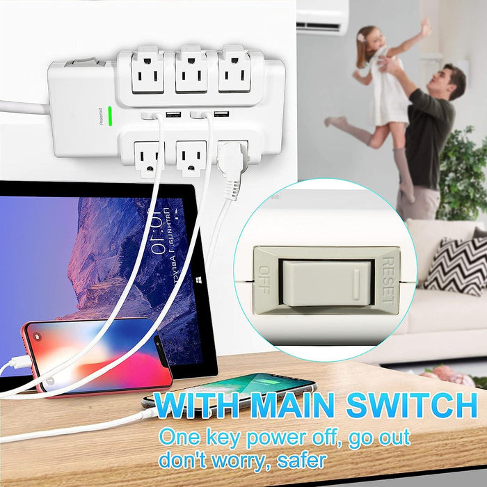 6 Outlet 4 USB Ports Rotating Power Strip 6ft with Surge Protector Wall Mount for Home Office